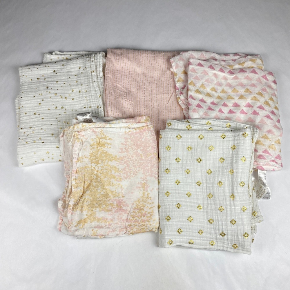 Aden & Anais Baby Blanket Lot of 5 Pink Gold Metallic Swaddle